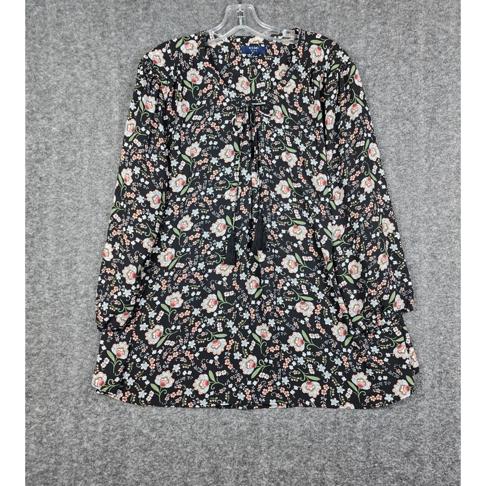 Kaari Blue Floral Blouse Women 3X Black Boho Tassel Tie Split Neck Long Sleeve